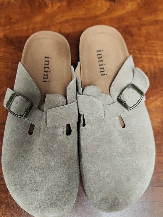 initini Shoes - Ina Suede Slip-On Mules with Buckle in Light Gray